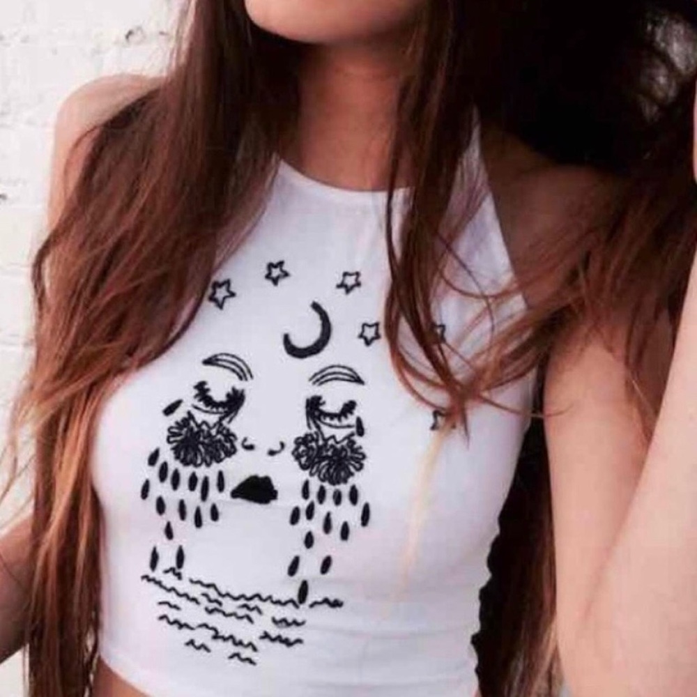 Brandy Melville vintage crying halter size S embroidered crop top shirt … - Picture 2 of 8